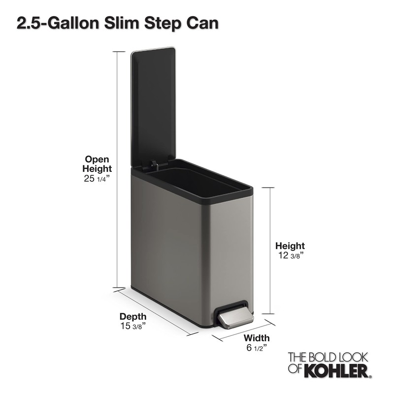 Kohler 20957-STW 2.5 Gallon Slim Step Trash Can, Bathroom Trash
