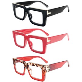 REAVEE 3 Pack Oprah Style Reading Glasses for Women Men, Blue Light Blocking Readers Stylish Square with Spring Hinge, Black/Red/Red Leopard 2.75