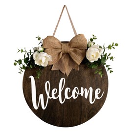 MayAvenue Welcome Wreaths Decor Sign Front Door, Round Wood Hanging Sign with Ribbon Bow and Artificial Green Leaves, Farmhouse Porch Decorations for Home Thanksgiving, Brown