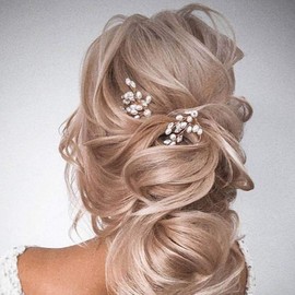 Evild Horquillas para el pelo de novia, flores doradas, perlas de cristal, accesorios para el pelo de boda para novias y damas de honor (paquete de 3)