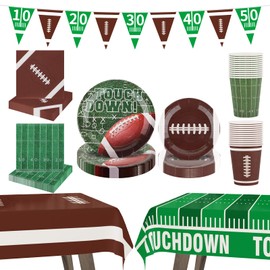 Arosche Football Party Decorations Set for 24-Disposable Paper Plates and Napkins, Cups, Garland, Tablecloths, Touchdown Tableware Party Supplies for Football Birthday Game Day Tailgate Table Decor