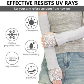Grey UV Protection Arm Sleeves, Elastic Sleeves to Cover Arms for Women, Long Fingerless Sleeve with Lace Cuffs for Sport Outdoor Costume Accessories