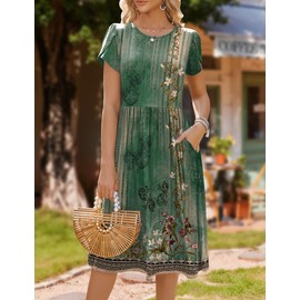 HOTOUCH Dresses for Women 2025 Elegant Classy Midi Sundress with Pockets Short Sleeve Aline Long Flowy Loose Tshirt Dress Beach Vocation Clothes