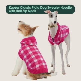 Kuoser Plaid Dog Sweater Hoodie, Warm Fleece Dog Sweaters for Medium Dogs, M Winter Knitwear Christmas Doggy Sweater, Cold Weather Pet Clothes for Girl Boy Dogs, Holiday Outfit and Gift, Pink M