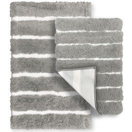 Homewear 2-Piece Stripe Bathroom Rug Set, Soft Plush Bath Mats, Non-Slip, Water Absorbent, Machine Washable, Bathroom Decor, 20"x32" + 17"x24", Silver/Pure White