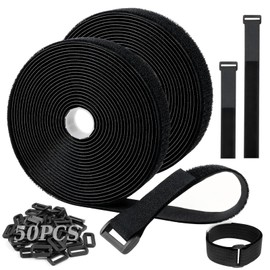 PIWOSGOL Tape 10 m x 2 cm, Strap with 50 Buckles, Free Cutting Length Cable Ties, Resealable, Adjustable Cable Ties, Extra Strong Cable Ties (Black)
