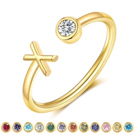 ZNBOH Gold Birthstone Initial Rings for Women Non Tarnish Dainty 14K Gold Plated Adjustable Letter Ring for Women Stackable Cute Thumb Pinky Fashion Unique Open Simple Birthday Gifts Jewelry