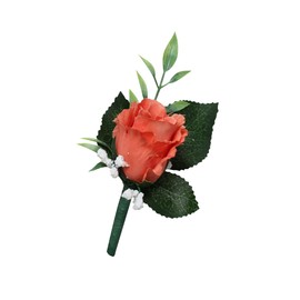 Angel Isabella Artificial Boutonniere,Coral Rose with Baby Breath and Frosted Green Leaves, Perfect for Groom, Best Man, Wedding, Prom,Graduation Ceremony