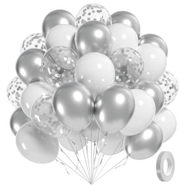 60pcs White and Silver Balloons 12inch, Silver and White Balloons with Metallic Silver Confetti Balloons for Birthday Baby Shower Wedding Anniversary New Years Party Decorations