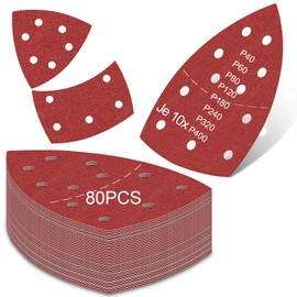 Pack of 80 sandpaper for triangular sanders, 11-hole triangular sandpaper in 8 grits (40-400), ideal for random orbital sanders, wood, metalworking, incl. 10 x each grit (40/60/80/120/180/240/320/400)