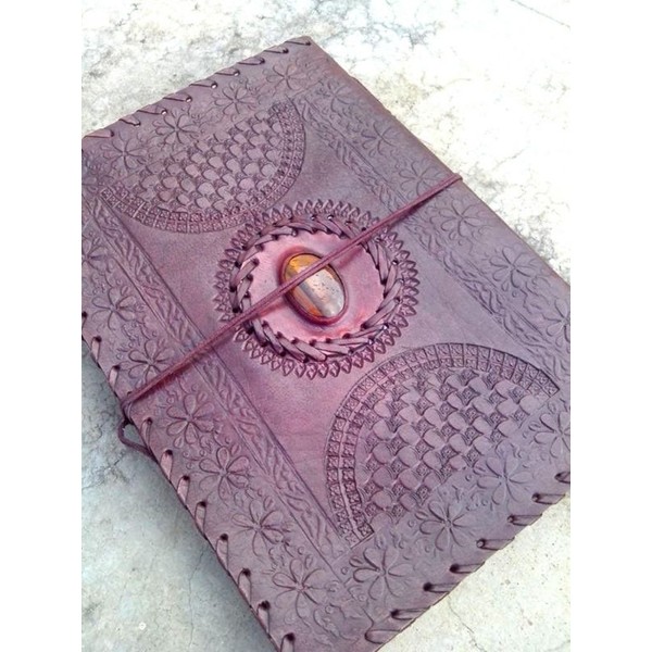 QualityArt Stone Leather Journal Wiccan Blank Book of Shadows Journal with Lock Clasp Semi Precious Tiger Eye Blank Spell Book Grimoire Journal Writing Notebook 10 Inches