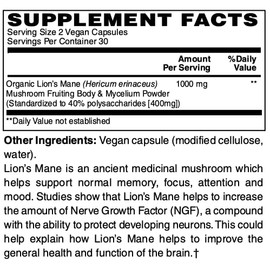 Netrition Certified Organic & Vegan US-Grown Lion's Mane Mushroom Capsules (60 Count)