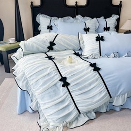 Juego de ropa de cama con volantes con lazo, ropa de cama de encaje para niñas, juego de funda de edredón matrimonial, elegante funda de edredón con volantes con lazo encantador, estilo princesa 1