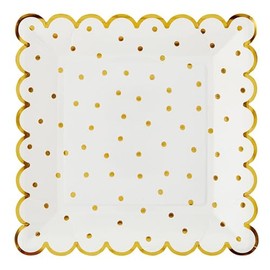 Santa Barbara Design Studio Disposable Plate 8-Count Pack Scallop Edged Square Paper Plates, 9-Inch, Gold Polka Dots