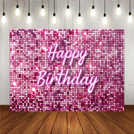 Lofaris Pink Flash Square Backdrop for Photography Happy Birthday Shinning Sequin Wall Panels Shimmer Wall Sweet 16 Girl Woman 20th 30th 40th Party Background Decorations Photo Studio Props 7x5ft