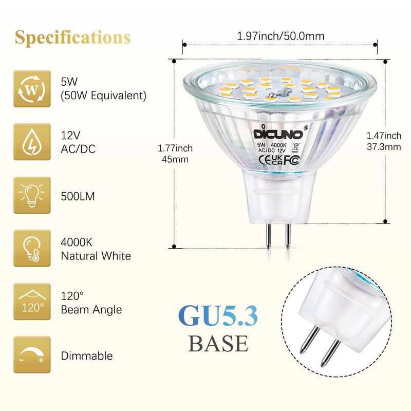 DiCUNO MR16 LED Bulbs Dimmable 50W Halogen Replacement 12V AC/DC