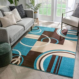 Echo Shapes & Circles Blue & Brown Modern Geometric Comfy Casual Hand Carved Area Rug 4x5 4x6 ( 3'11" x 5'3" ) Easy Clean Stain Fade Resistant Abstract Contemporary Thick Soft Plush Living Room Rug