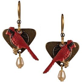 Red Cardinal Pearl Triangle Hammered Textured Earrings Bead Gold-tone Surgical Steel - Silver Forest