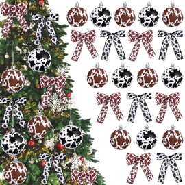 Syhood 24 Pcs Cowhide Printed Christmas Tree Ornaments Set Plastic Western Cow Christmas Ball and Satin Ribbon Bows Hanging Country Xmas Tree Decorations for Home Wedding Xmas Holiday Party
