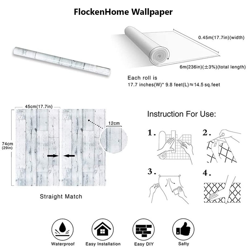 FlockenHome 17.7"x 472" Peel and Stick Wallpaper Self-Adhesive Shiplap Light