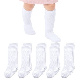 Baby Knee High Socks White Seamless Knee Socks 5 Pairs Cable Knit Cotton Stockings for Infant Toddler Boys Girls (White, 6-12 Months)
