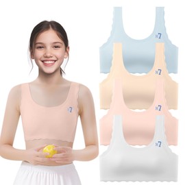 SIAEYINFY Girls Training Bras,4 Pcs Seamless Training Cami Sports Bra for 10-16 Years Teens with Fixed Padding (CA/US, Alpha, Medium, Regular, 4 Packs Style B)