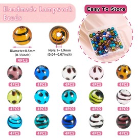 64 PCS Colorful Lampwork Strip Spot Beads 8.5mm Round Millefiori Glass Beads for Necklaces Bracelets Earrings Jewelry Making DIY Crafts