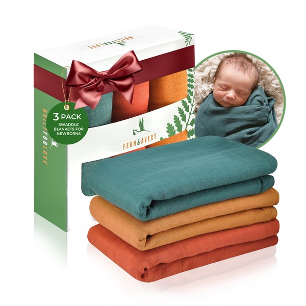 Fern & Avery Muslin Swaddle Blankets - Comfy Receiving Preemie Swaddle Blanket for Boys & Girls - Lightweight Breathable Bamboo Viscose & Cotton - Gender Neutral Swaddle Blankets - Forest 3-Pack