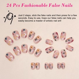 Ceboic Pack of 24 Press on Nails Short Square Shiny Nude False Nails for Sticking with Spring Flowers Design, Cute Artificial Nails Full Cover Acrylic False Nails for Women Girls