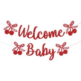 Cherry Welcome Baby Banner - Cherry Sweet One Sign, Cherry Theme Baby Shower Birthday Party Decorations Red Glitter