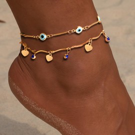 Ushiny Boho Anklet with Multiple Layers Gold Sequin Anklet Evil Eye Ankle Jewellery Beach Crystal 2 Pieces Anklet for Women and Girls