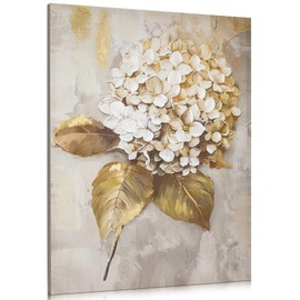 Wall Art Flower Large Canvas Oil Painting Hand Painted Hydrangea Gold Floral Pictures Aesthetic Botanical Artwork for Living Room Bedroom Hotel Decoration, 39.4" x 29.5"