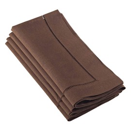 Fennco Styles Solid Color Vibrant Hemstitched Linen Blend Chocolate Dinner Napkins 20 x 20 Inch, Set of 4