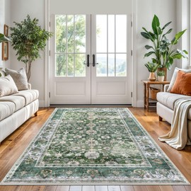 KUTA 5x7 Area Rugs, Vintage Green Washable Rugs for Living Room Ultra Thin Soft Non-Slip Printed Distressed Tribal Traditional Farmhouse Carpet for Bedroom Dining Room Dorm Office Home