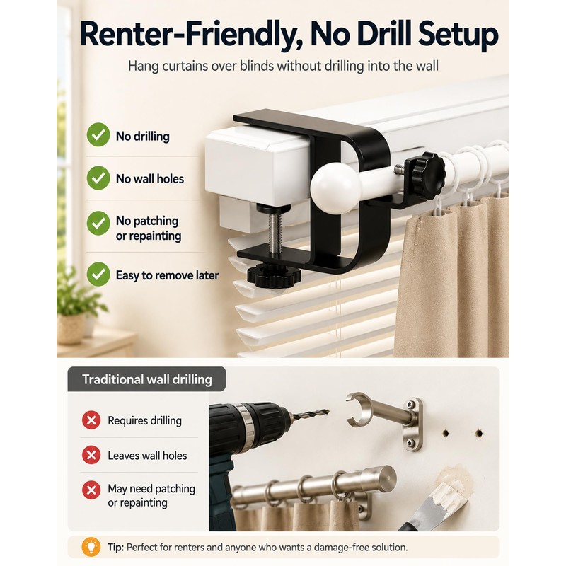 Bobuuii No Drill Curtain Rod Brackets, Inside/Outside Mount, Black 2