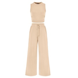 BTFBM Women Summer 2 Piece Outfits Ribbed Knit Crew Neck Sleeveless Cropped Top Elastic Waist Wide Leg Pants Lounge Set(Solid Apricot, Medium)