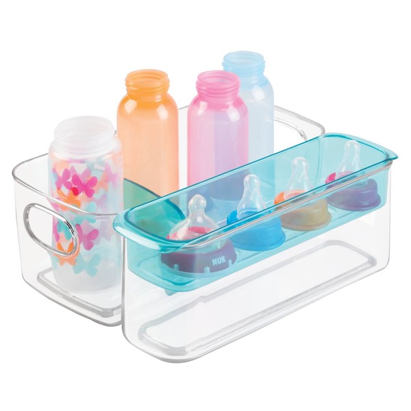 mDesign Baby and Nursery Storage Container - BPA-Free Plastic Kitchen Storage Trays for Baby Food, Bottles and Utensils - Adjustable Kitchen Organiser for Baby’s Mealtime Essentials - Clear/Aqua