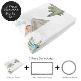 Sweet Jojo Designs Watercolor Dinosaur Dino Boy Baby Milestone Blanket Newborn Monthly First Year Photo Growth Chart Infant Memory Gift Set Green Slate Blue White Modern Jurassic Nature Animal Steel