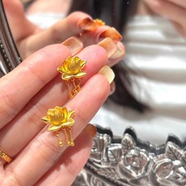 DIAMANTIO 18K Gold Plated Lotus Flower Drop Earrings – Statement Elegant Floral Dangle Design with Triple Bead Chains for Women