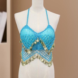 Ｓｉｍｈｏａ Sequin Crop Top Belly Dance Halter Bra Top for Festival Performance Nightclub, Blue