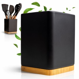 KOOK TIME Kitchen Utensil Holder - Utensil Holder Kitchen Made of Ceramic and Bamboo - Square Kitchen Aid Storage - Black - 10.5 x 10.5 x 15 cm