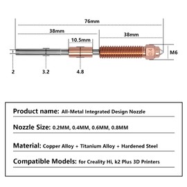 5PCS K2 Plus Nozzle Kits, Titanium Copper Alloy Hardened Steel Quick-Swap Nozzle, All-Metal Integrated High Temperature 0.2/0.4/0.6/0.8MM Nozzle for Creality Hi, K2 Plus 3D Printer