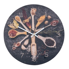 levandeo Wall Clock Wood 30 x 30 cm Round Birch Wood Picture Spices Kitchen Herbs Wall Decoration Wooden Clock Kitchen Clock