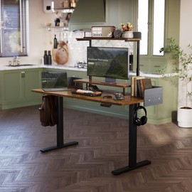 Claiks Electric Standing Desk with Removable Shelves, 55 x 24 Inches Height Adjustable Desk with Adjustable Monitor Stand, Stand Up Computer Workstation, Rustic Brown