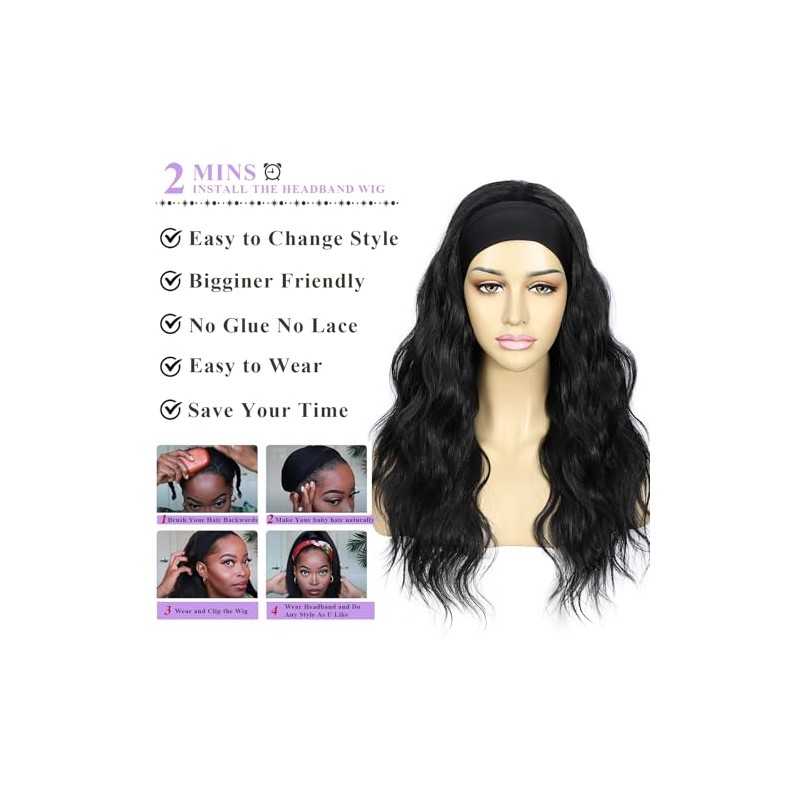 SAPPHIREWIGS Pelucas sintéticas negras con diadema y ondas corporales para