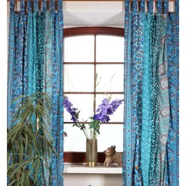GURU SHOP Boho Patchwork Curtains, 1 Pair Bohemia Curtain Made of Sare Fabric, Unique 300 cm - Turquoise, Blue, Synthetic, Decorative Curtains