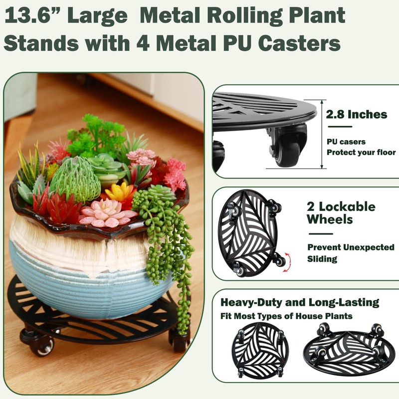 1 Pack Large Metal Plant Caddy with Wheels 13.5 Inches