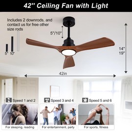 XBIBI 42 Inch Ceiling Fans with Lights and Remote, Walnut Color Modern Ceiling Fan, Quiet DC Motor Indoor Outdoor Ceiling Fan with Light for Patio Bedroom Living Room Gazebo Office(Not Solid Wood)