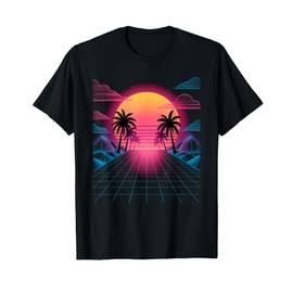 Vaporwave Sunset Grid Retro Digital Landscape in Synthwave T-Shirt