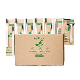 NEWLAX Eco Friendly Toothbrush, Razor, Comb Set (14 Count), Biodegradable Handle, Steel Shaving Razor, Biodegradable Comb, BPA Free, Recyclable Packaging